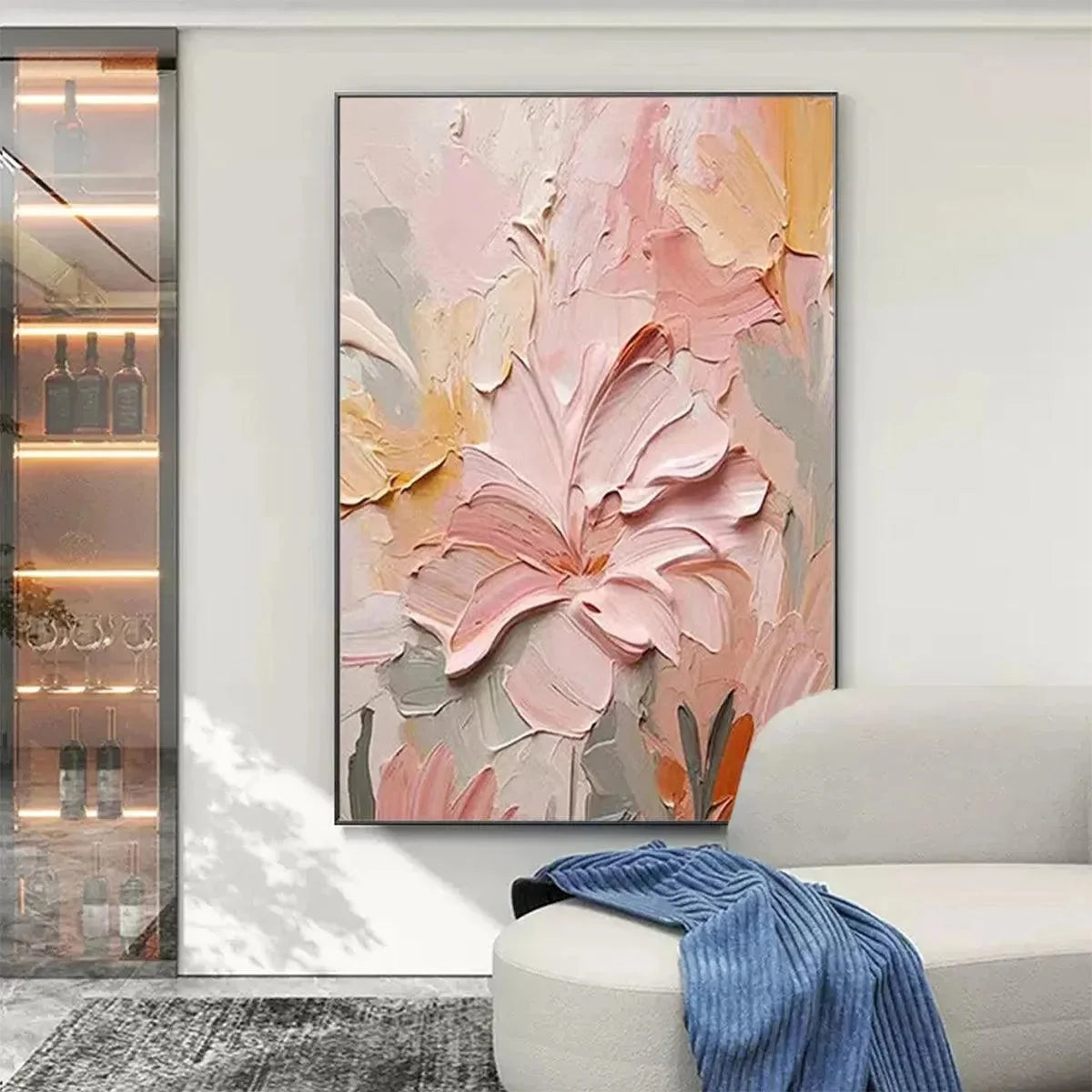 BLUSHING BLOOMS: Textured Floral Painting, Pink and Coral | textured mood, soft natural light studio shot