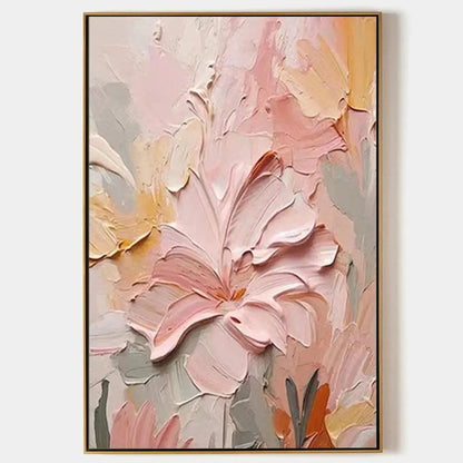BLUSHING BLOOMS: Textured Floral Painting, Pink and Coral | hanging in living room, textured wall art