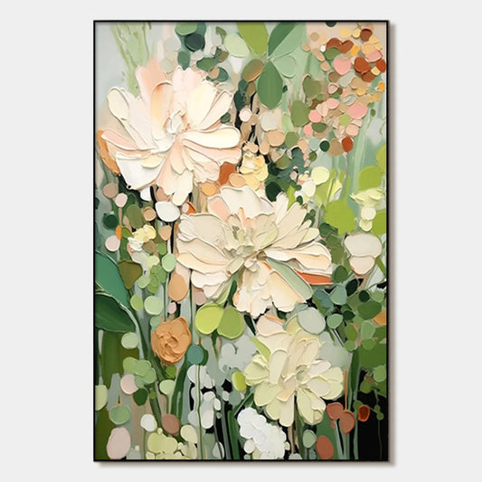 BLUSHING BLOOMS: Textured Floral Painting, Impasto Palette Knife, Vertical Canvas, Modern Floral Wall Art | hanging in Textured floral oil painting in soft pink, white, and cream tones; heavy impas...