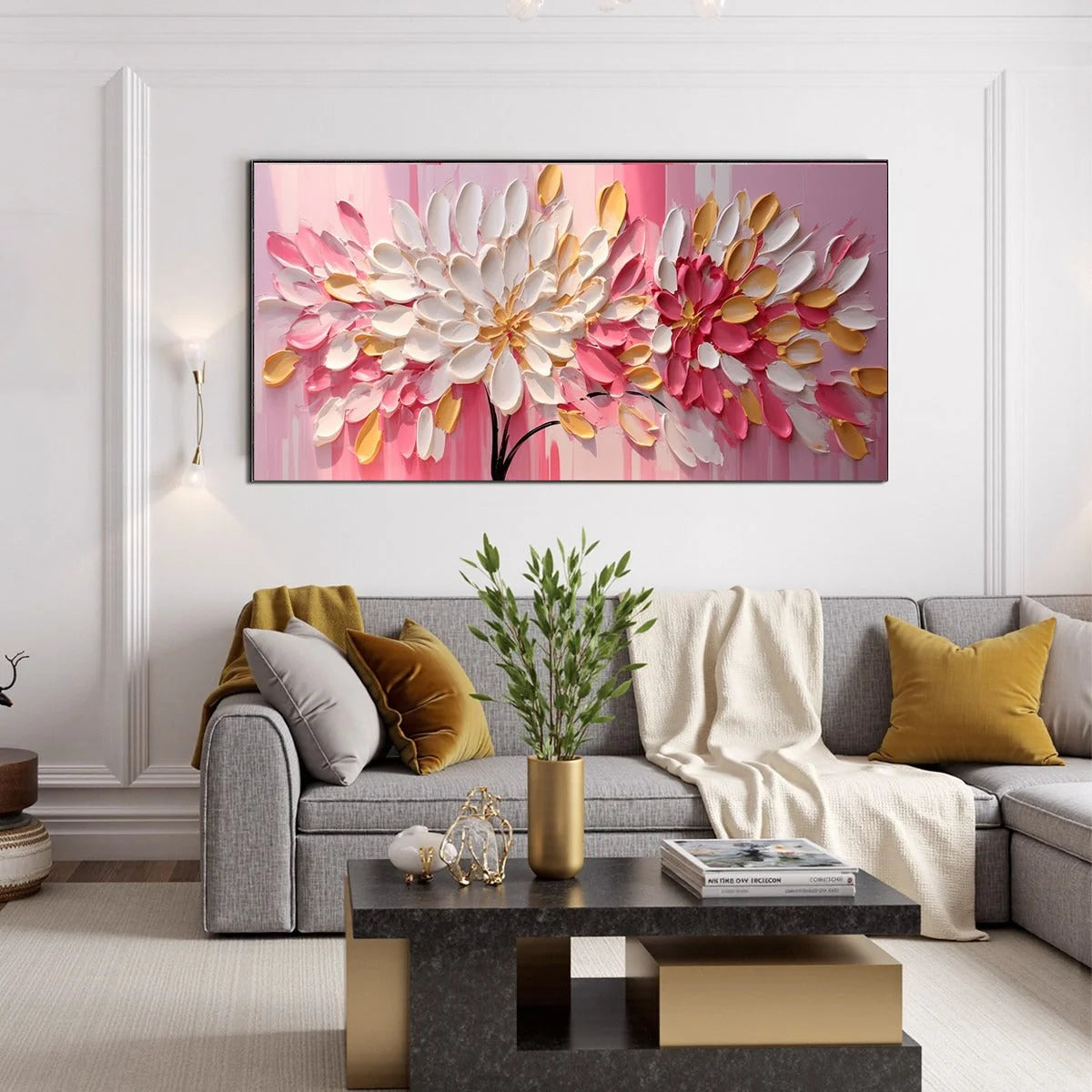 BLUSHING BLOOMS: Textured Impasto Floral Oil Painting | gold frame stretched on neutral wall