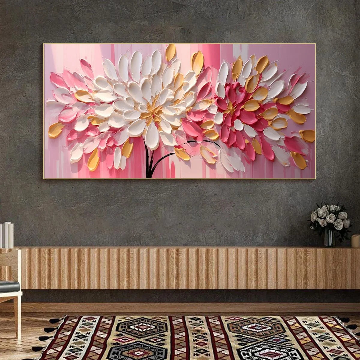 BLUSHING BLOOMS: Textured Impasto Floral Oil Painting | rolled canvas, ready for custom framing