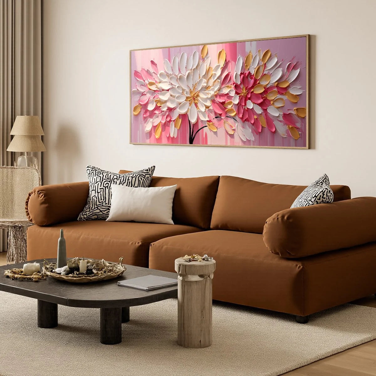 BLUSHING BLOOMS: Textured Impasto Floral Oil Painting | black frame version on white wall