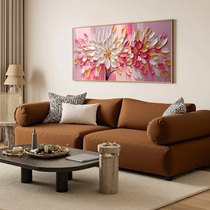 BLUSHING BLOOMS: Textured Impasto Floral Oil Painting | black frame version on white wall
