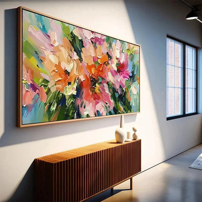 BLUSHING BLOOMS: Textured Impasto Floral Painting in Pink and Orange | gold frame stretched on neutral wall