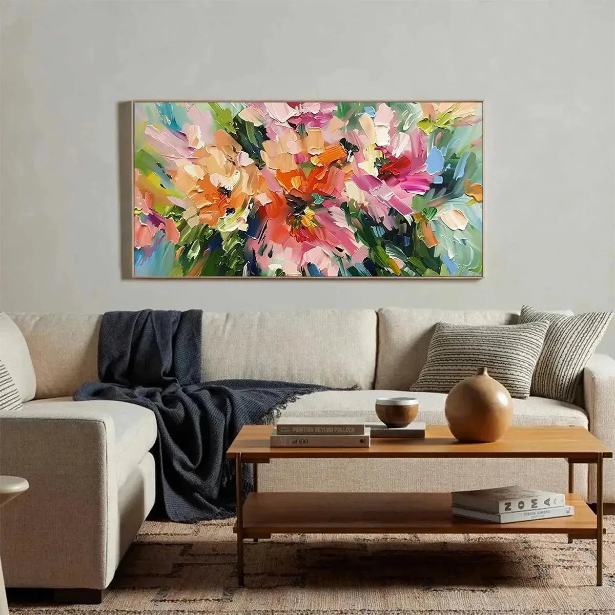 BLUSHING BLOOMS: Textured Impasto Floral Painting in Pink and Orange | black frame version on white wall