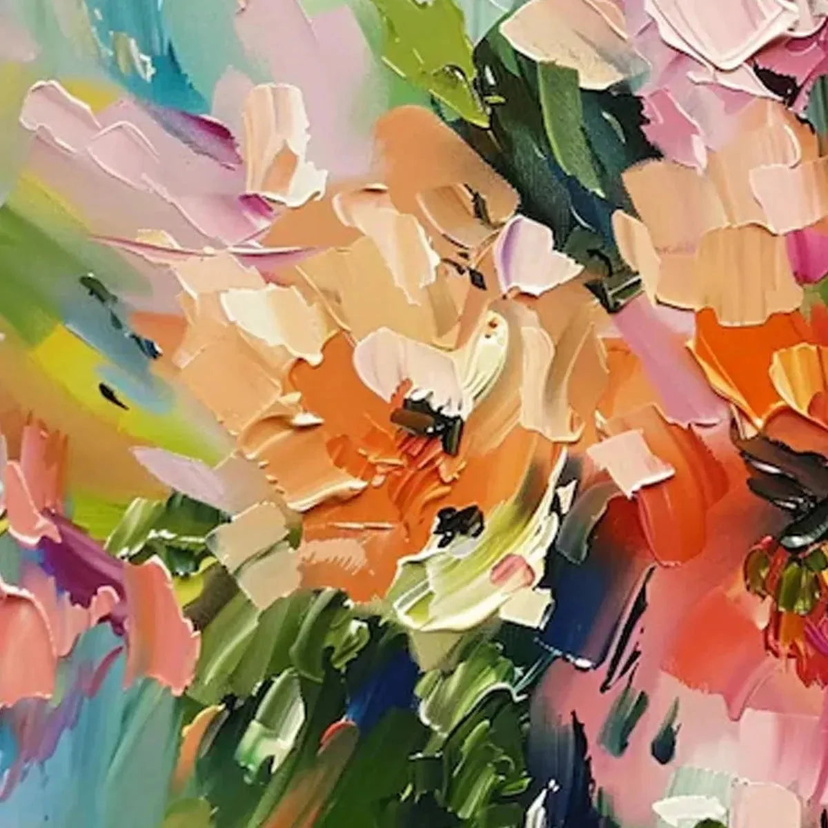 BLUSHING BLOOMS: Textured Impasto Floral Painting in Pink and Orange | textured impasto floral mood, soft natural light studio shot