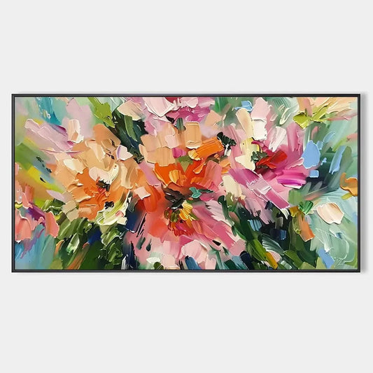 BLUSHING BLOOMS: Textured Impasto Floral Painting in Pink and Orange | hanging in living room, textured impasto floral wall art