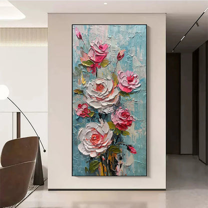BLUSHING BOUQUET: Textured Floral Impasto Oil Painting | textured impasto closeup, raised brushwork detail