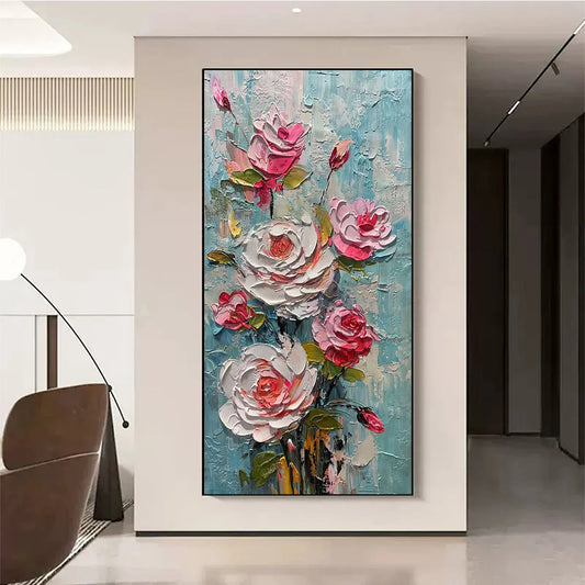 BLUSHING BOUQUET: Textured Floral Impasto Oil Painting