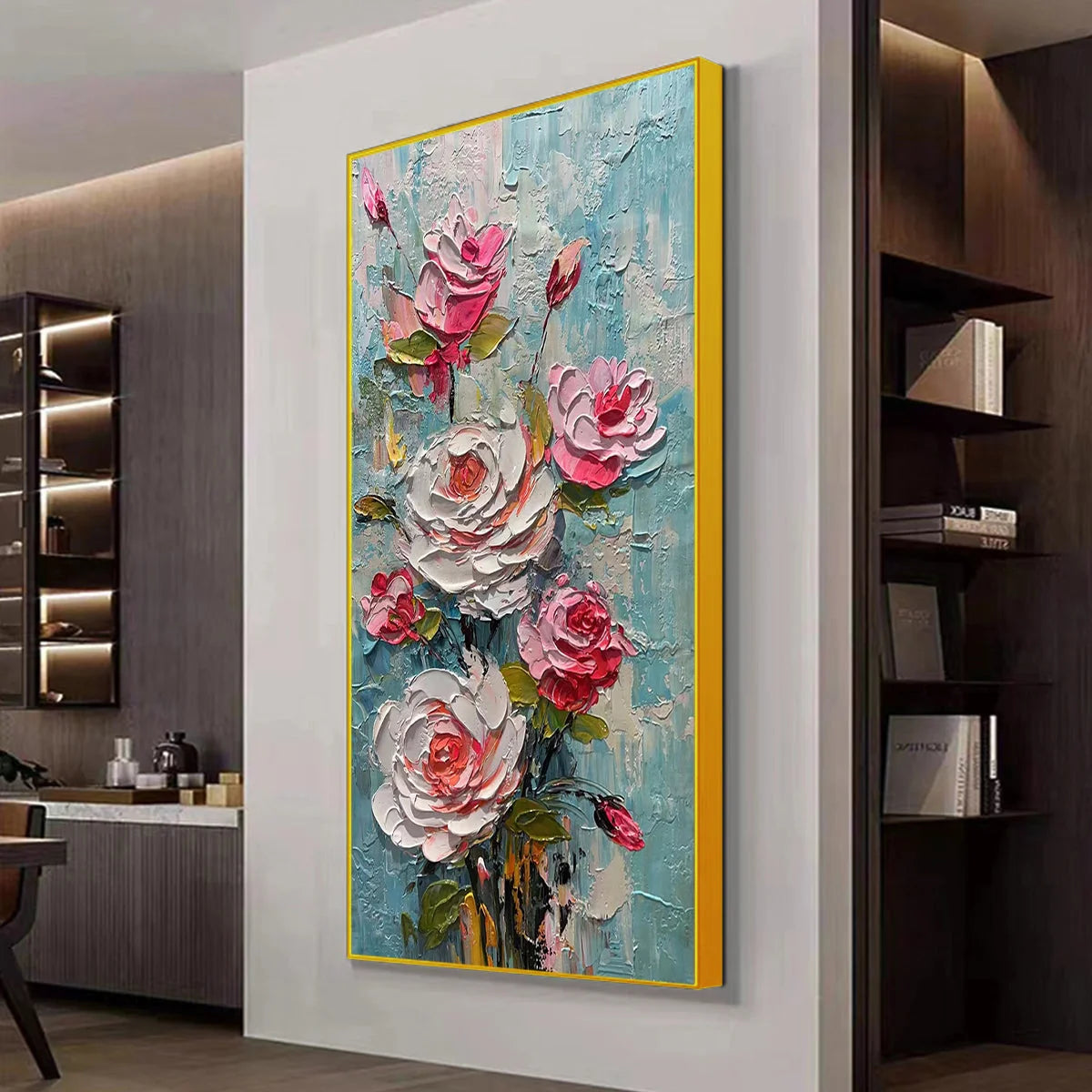 BLUSHING BOUQUET: Textured Floral Impasto Oil Painting | gold frame stretched on neutral wall