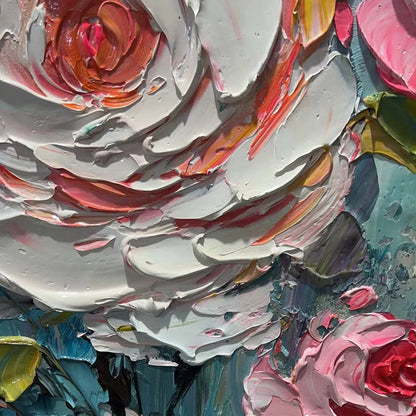 BLUSHING BOUQUET: Textured Floral Impasto Oil Painting | black frame version on white wall