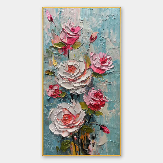 BLUSHING BOUQUET: Textured Floral Impasto Oil Painting | hanging in living room, textured impasto wall art