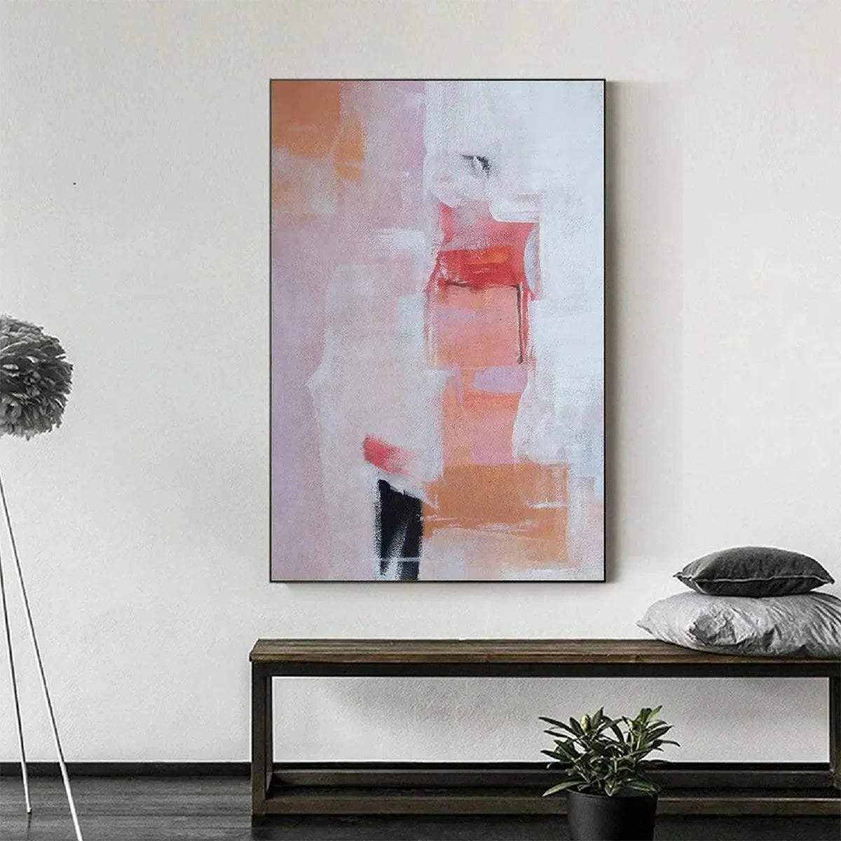 BLUSHING DAWN: Pink Abstract Painting, Textured Wabi Sabi | gold frame stretched on neutral wall
