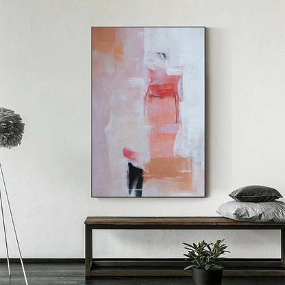 BLUSHING DAWN: Pink Abstract Painting, Textured Wabi Sabi | gold frame stretched on neutral wall