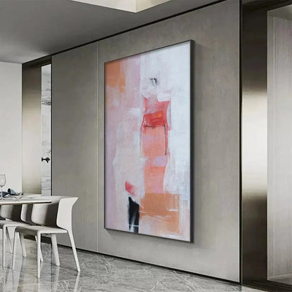 BLUSHING DAWN: Pink Abstract Painting, Textured Wabi Sabi | black frame version on white wall
