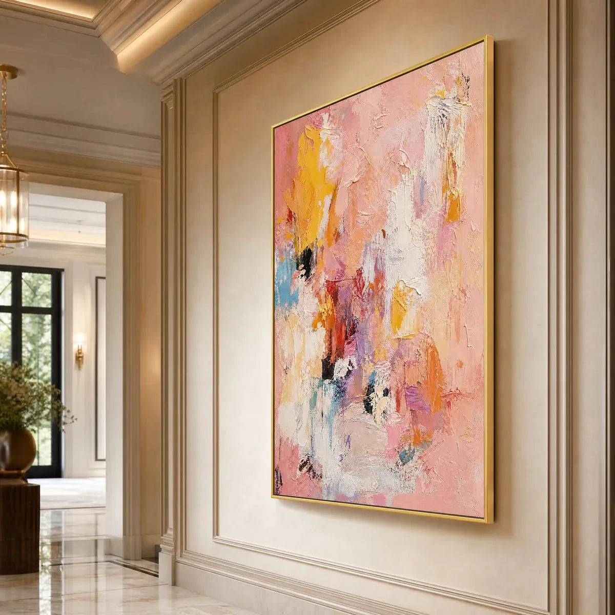 BLUSHING DAWN: Vertical Textured Abstract Oil Painting | gold frame stretched on neutral wall