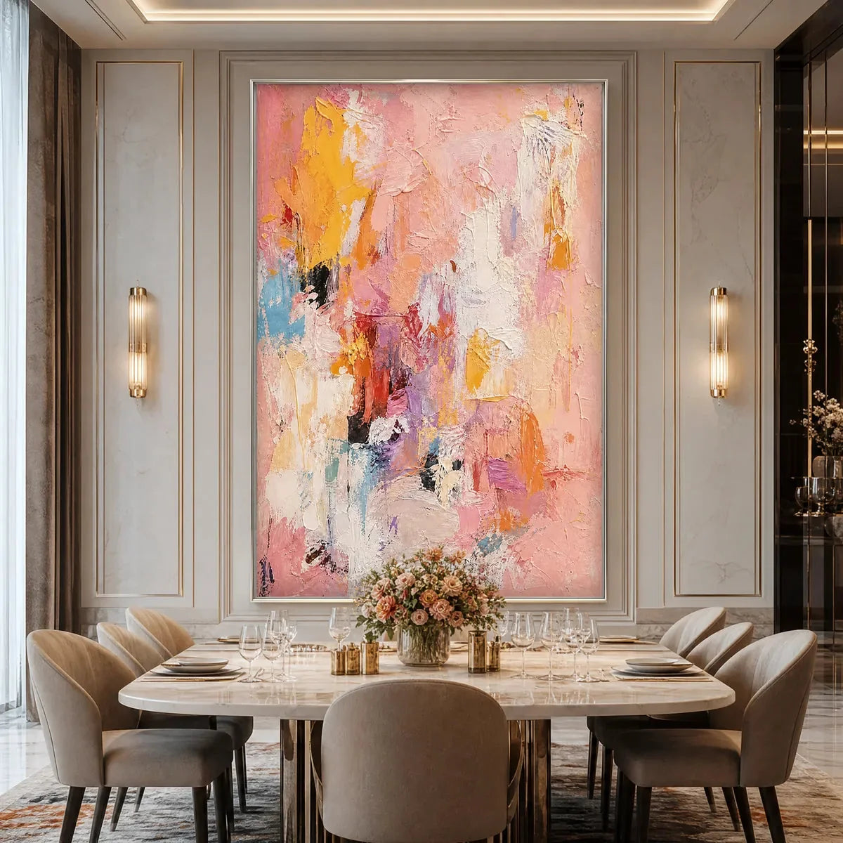 BLUSHING DAWN: Vertical Textured Abstract Oil Painting | black frame version on white wall