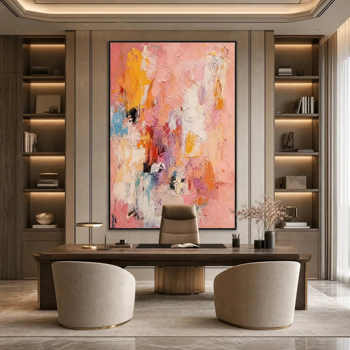 BLUSHING DAWN: Vertical Textured Abstract Oil Painting | textured mood, soft natural light studio shot