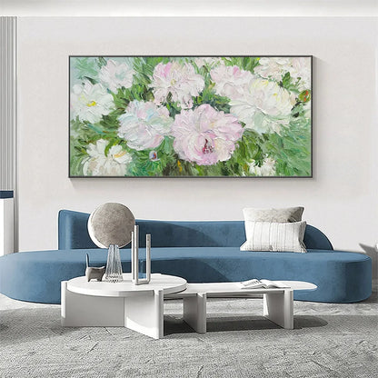 BLUSHING PEONIES: Floral Painting in Soft Pink and White | Abstract closeup, raised brushwork detail