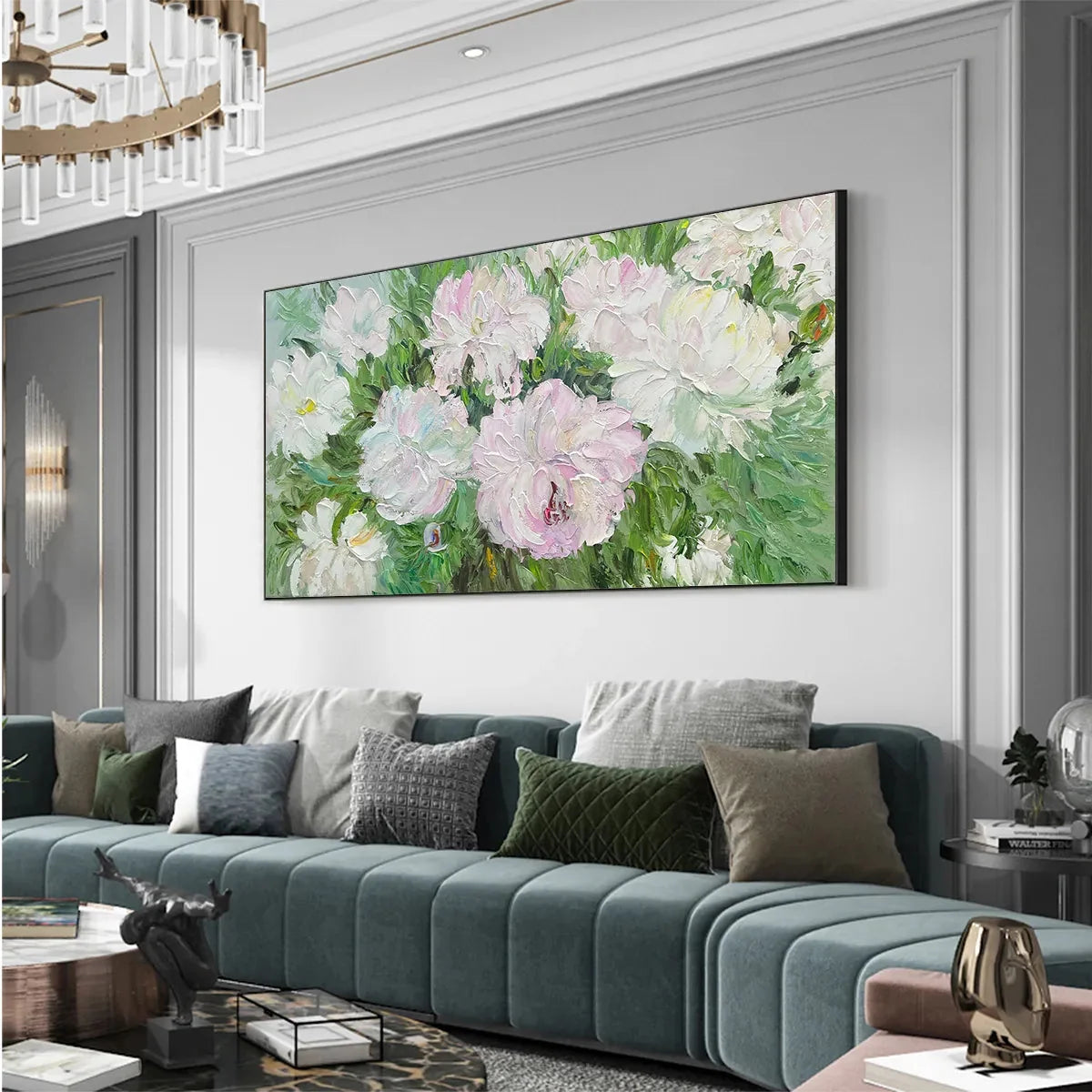 BLUSHING PEONIES: Floral Painting in Soft Pink and White | gold frame stretched on neutral wall