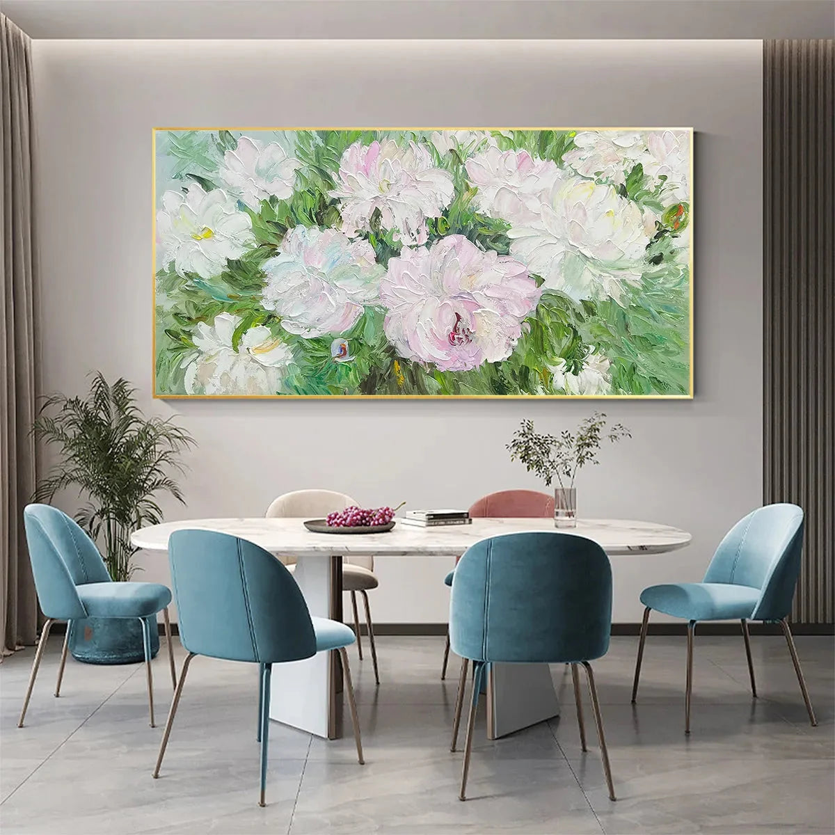 BLUSHING PEONIES: Floral Painting in Soft Pink and White | black frame version on white wall