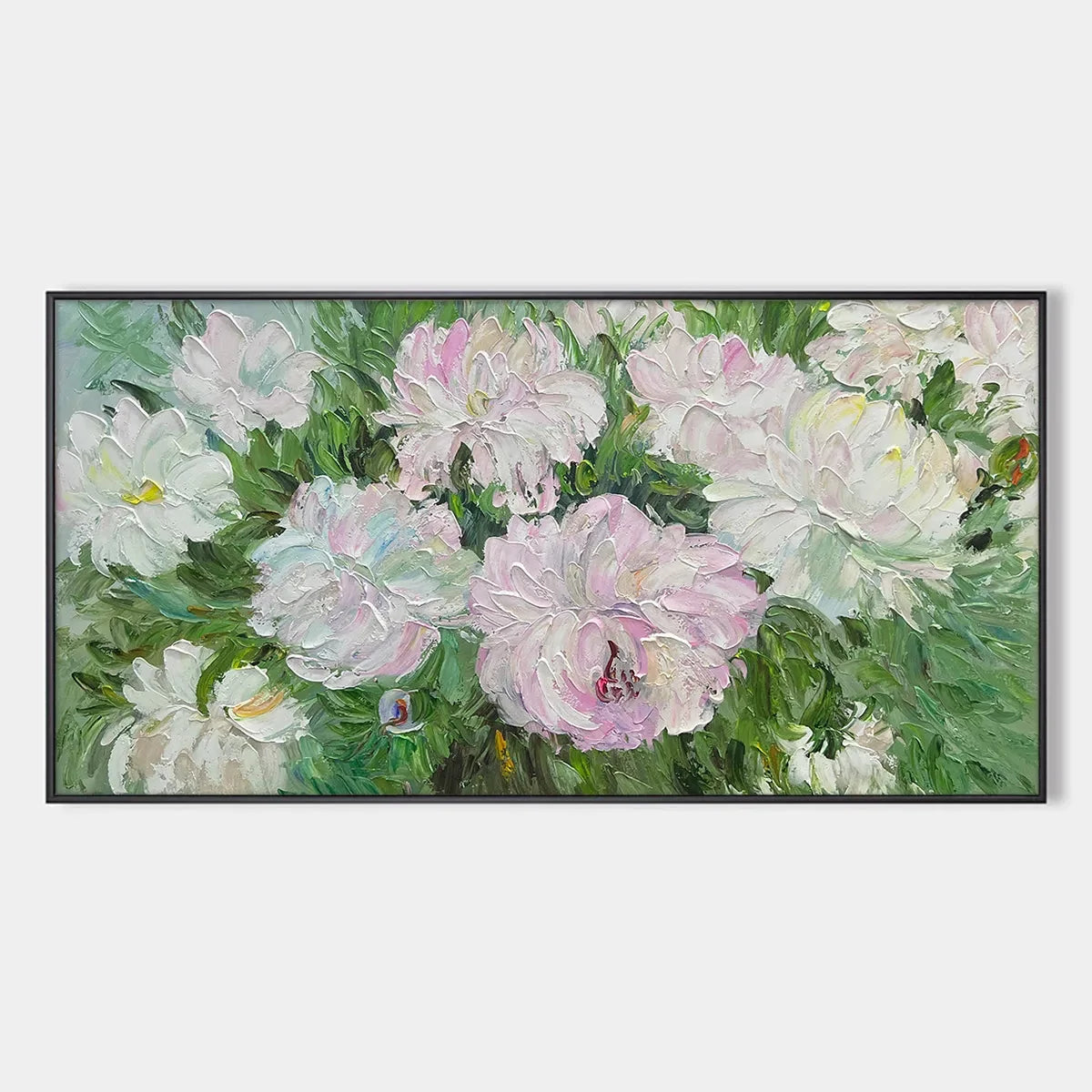 BLUSHING PEONIES: Floral Painting in Soft Pink and White | hanging in Floral oil painting of blushing peonies in soft pink, white, and cream tones; refined palette-knife work captures the lush beau...