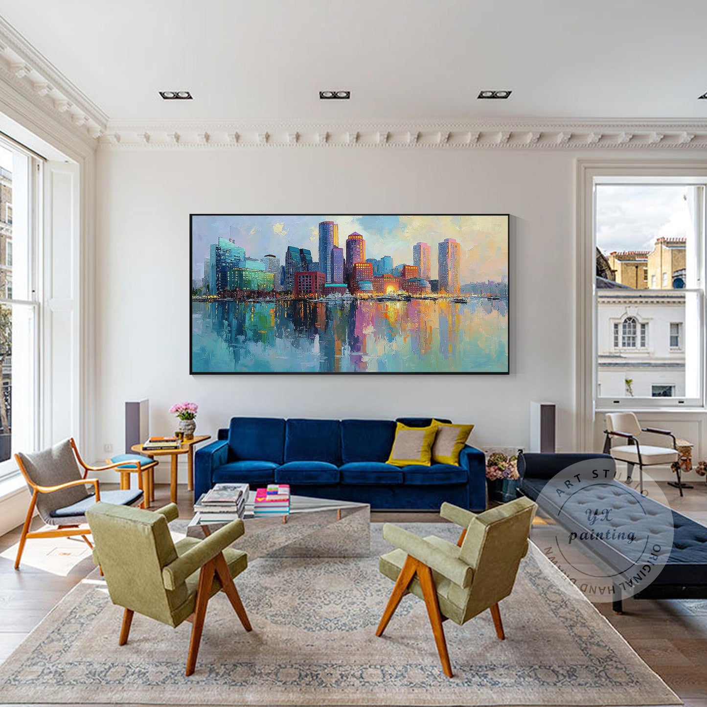 Boston Cityscape Oil Painting on Canvas, Original Skyline Wall Art, Oversized Li #2