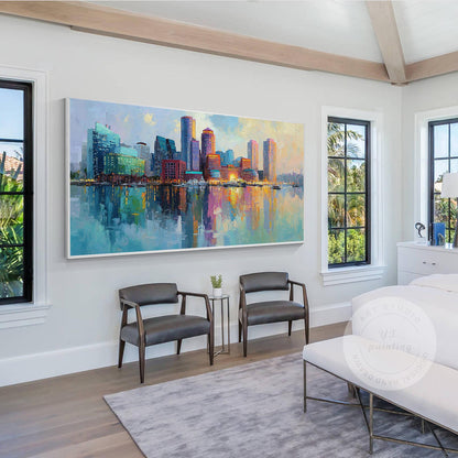 Boston Cityscape Oil Painting on Canvas, Original Skyline Wall Art, Oversized Li #3