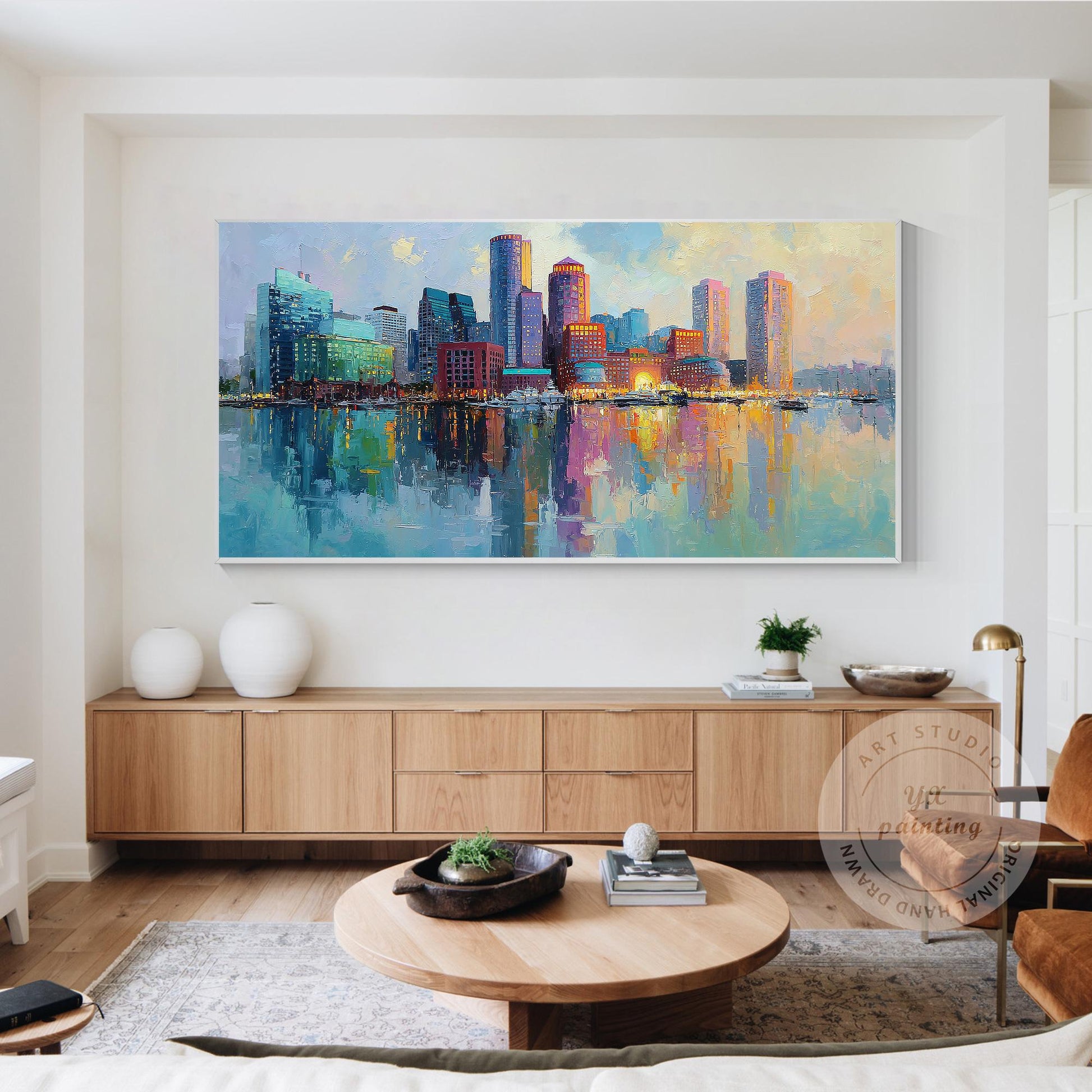 Boston Cityscape Oil Painting on Canvas, Original Skyline Wall Art, Oversized Li #4