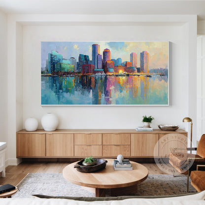 Boston Cityscape Oil Painting on Canvas, Original Skyline Wall Art, Oversized Li #4