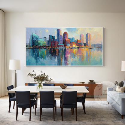 Boston Cityscape Oil Painting on Canvas, Original Skyline Wall Art, Oversized Li #5