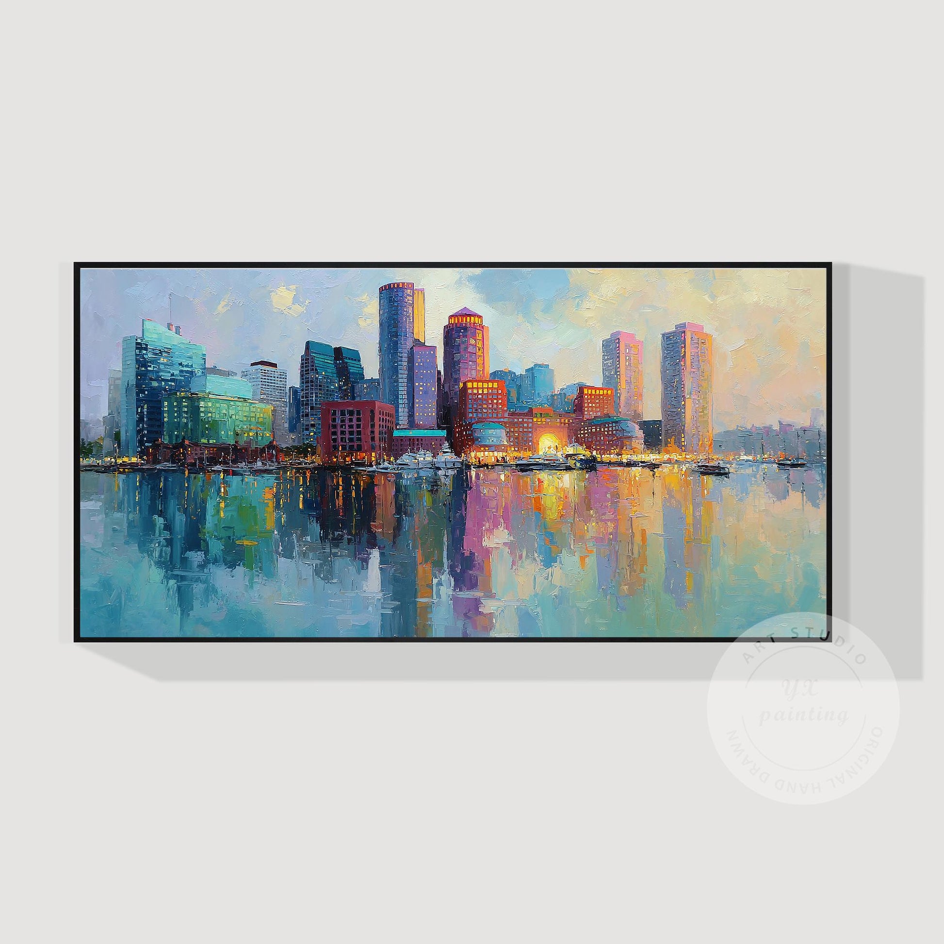 Boston Cityscape Oil Painting on Canvas, Original Skyline Wall Art, Oversized Li #7