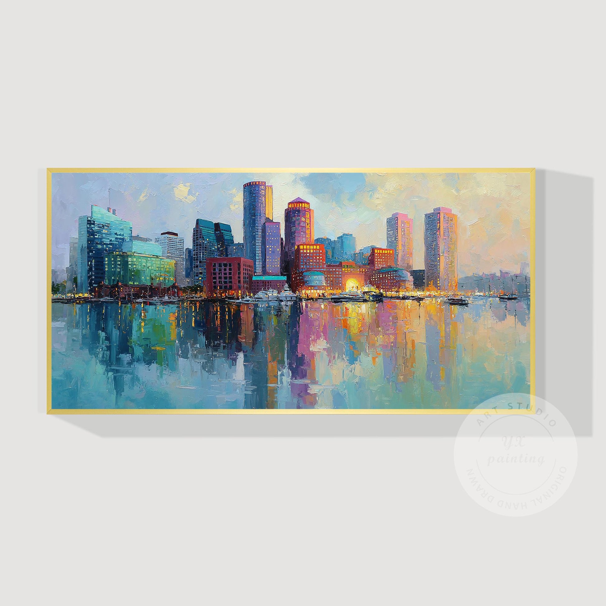 Boston Cityscape Oil Painting on Canvas, Original Skyline Wall Art, Oversized Li #9