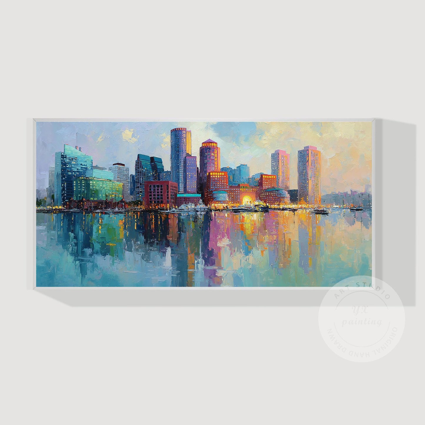 Boston Cityscape Oil Painting on Canvas, Original Skyline Wall Art, Oversized Li #10