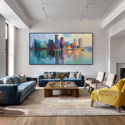 Boston Cityscape Oil Painting on Canvas, Original Skyline Wall Art, Oversized Li #1