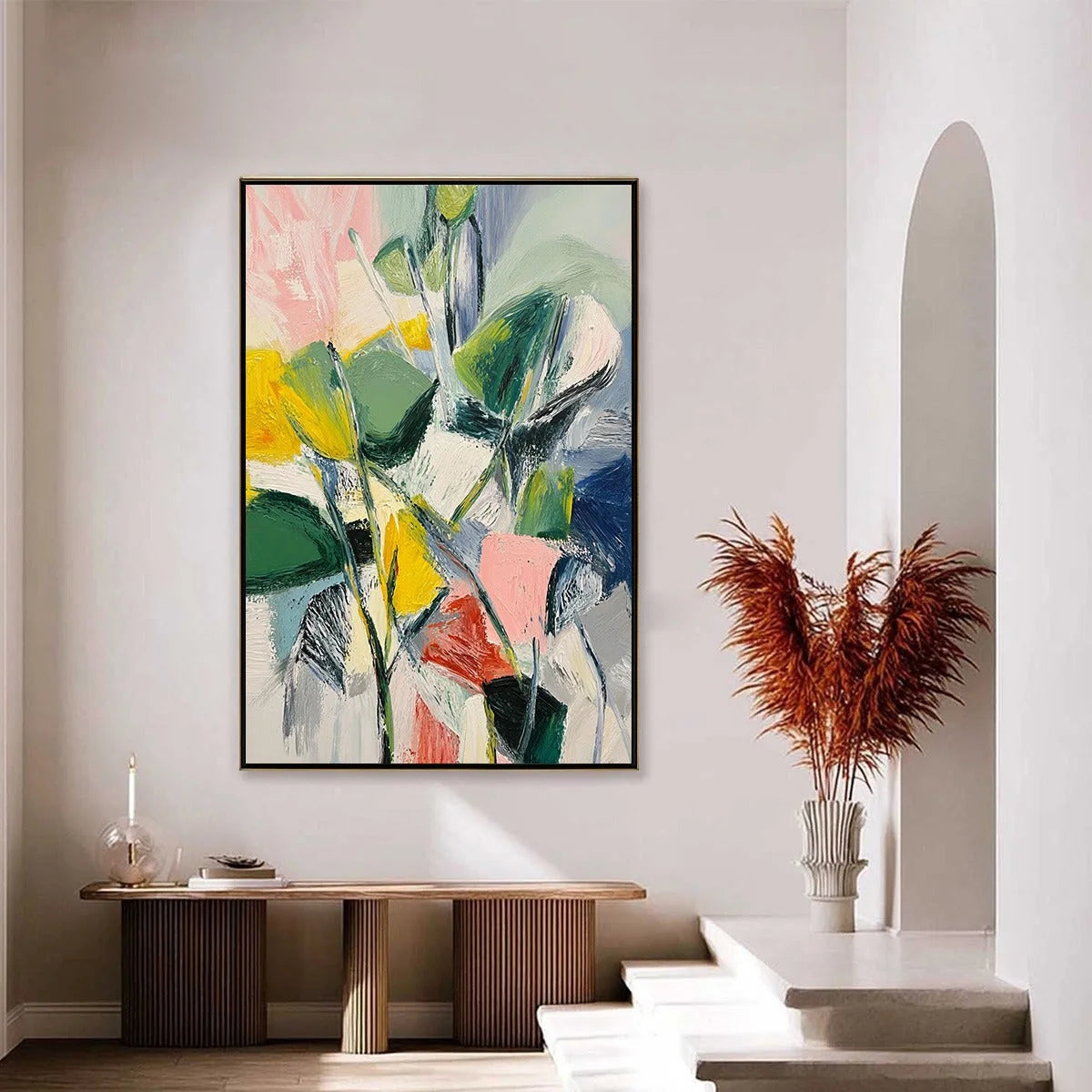 BOTANICAL BURST: Colorful Abstract Botanical Textured Oil Painting | gold frame stretched on neutral wall