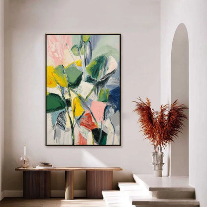 BOTANICAL BURST: Colorful Abstract Botanical Textured Oil Painting | gold frame stretched on neutral wall