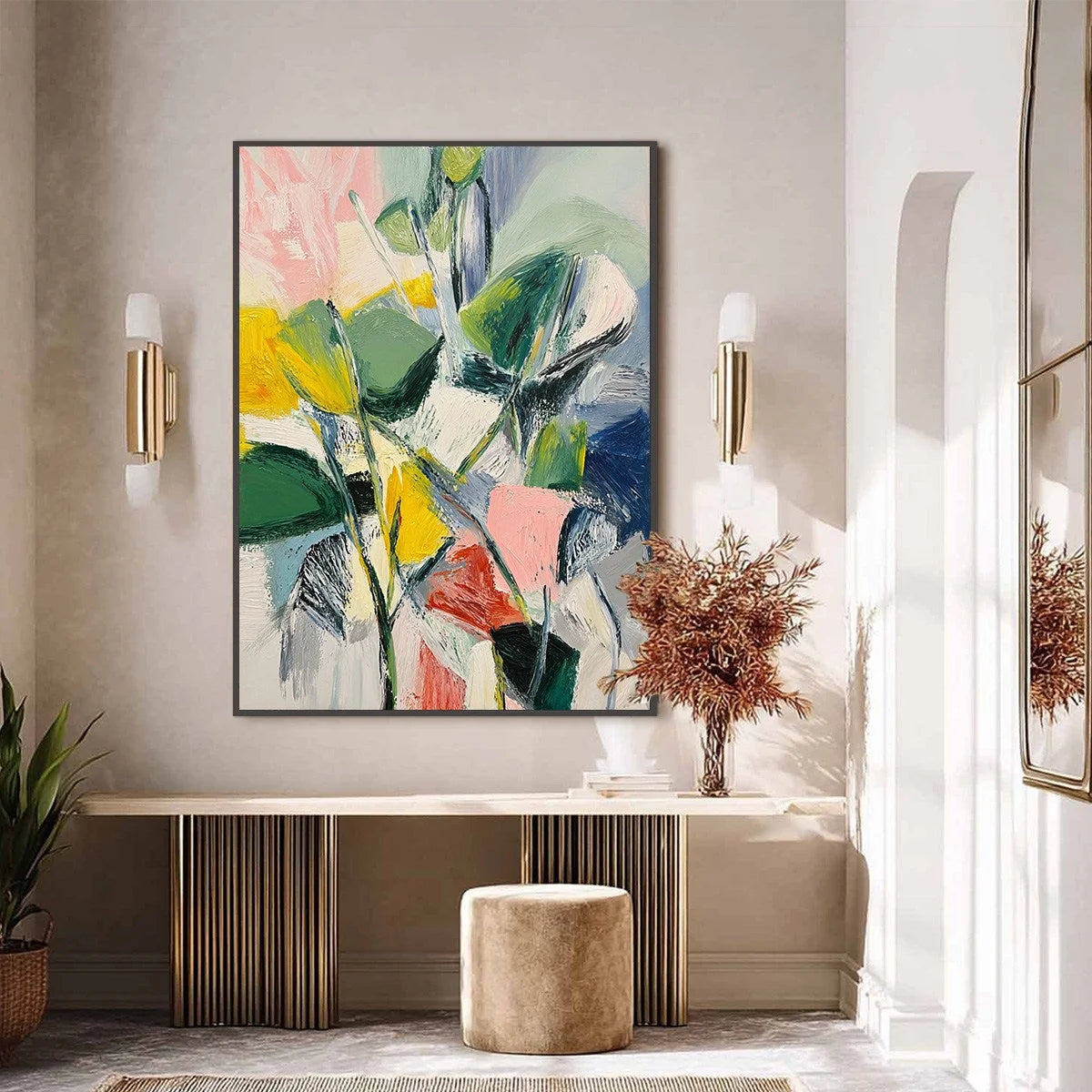 BOTANICAL BURST: Colorful Abstract Botanical Textured Oil Painting | black frame version on white wall