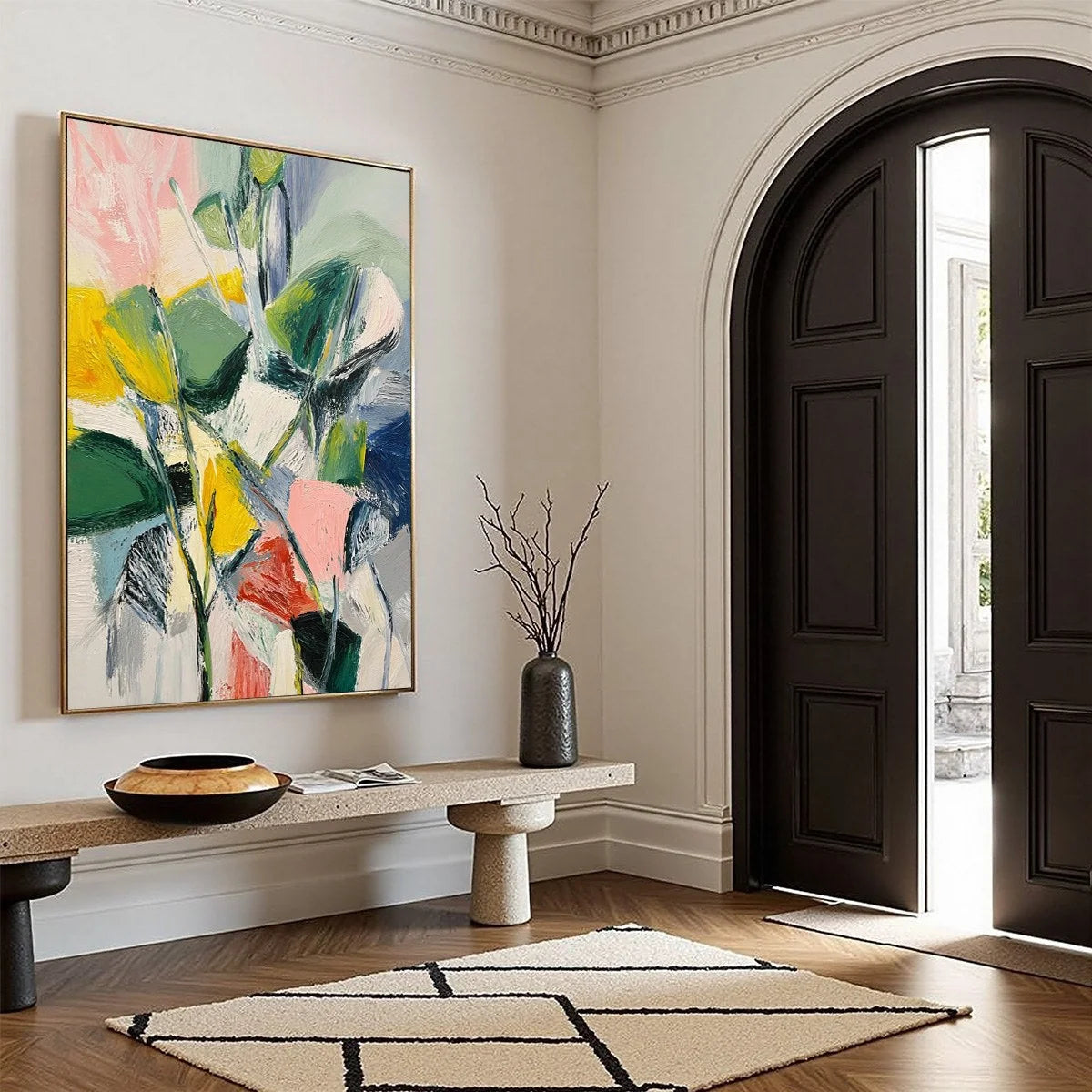 BOTANICAL BURST: Colorful Abstract Botanical Textured Oil Painting | beige palette, original Hand-painted on premium stretched canvas with artist-grade oils; rich layered surface creates a vibrant,...