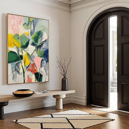 BOTANICAL BURST: Colorful Abstract Botanical Textured Oil Painting | beige palette, original Hand-painted on premium stretched canvas with artist-grade oils; rich layered surface creates a vibrant,...