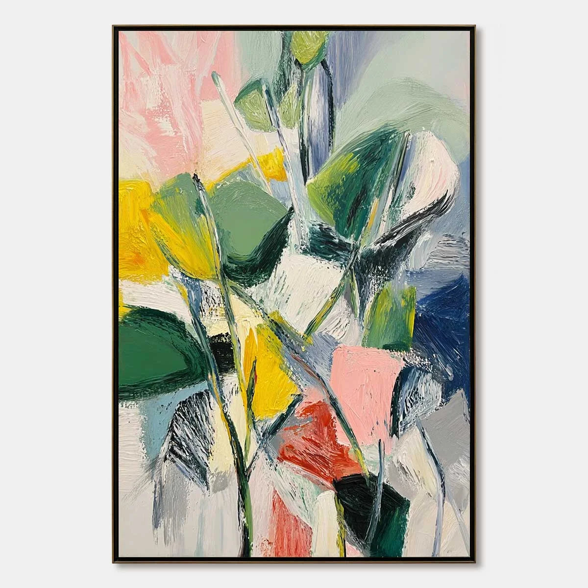 BOTANICAL BURST: Colorful Abstract Botanical Textured Oil Painting | hanging in Colorful abstract botanical textured oil painting in vibrant green, pink, yellow, and blue tones; rich palette-knife ...