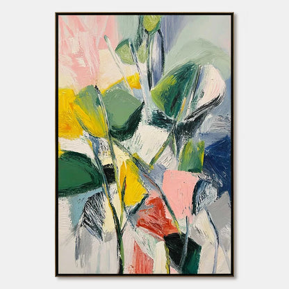 BOTANICAL BURST: Colorful Abstract Botanical Textured Oil Painting | hanging in Colorful abstract botanical textured oil painting in vibrant green, pink, yellow, and blue tones; rich palette-knife ...