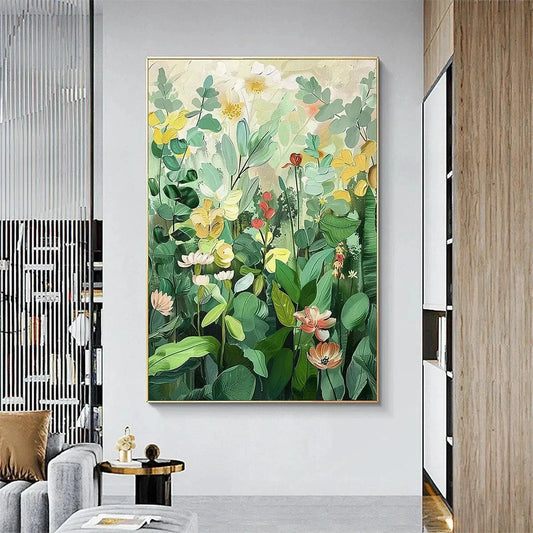 BOTANICAL GARDEN: Vertical Green and Yellow Floral Painting for Living Room