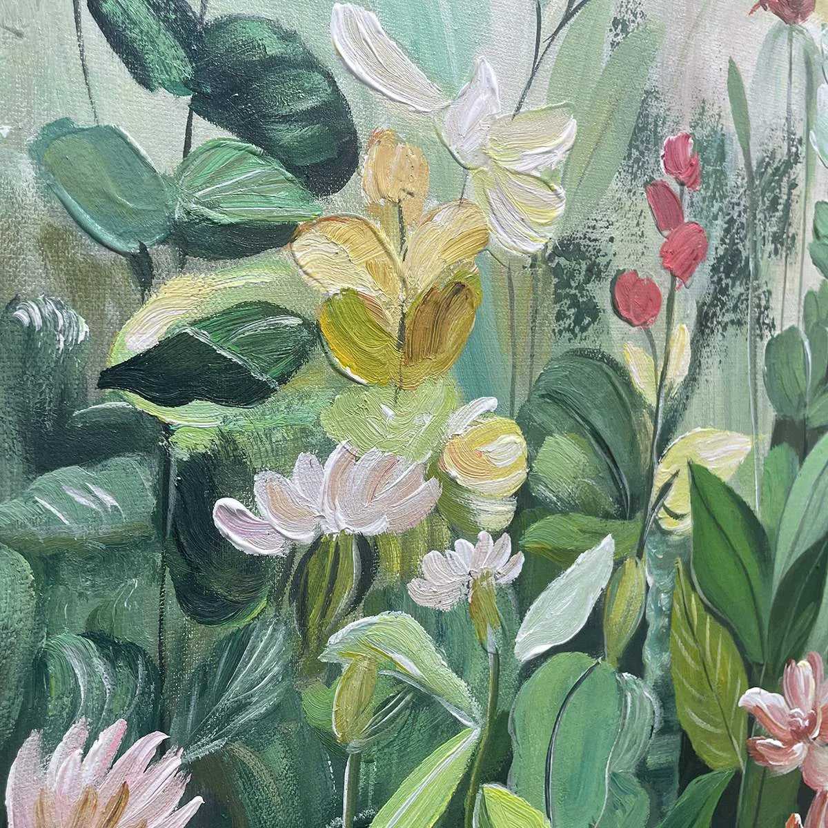 BOTANICAL GARDEN: Vertical Green and Yellow Floral Painting for Living Room | rectangular format, hand-painted canvas edge