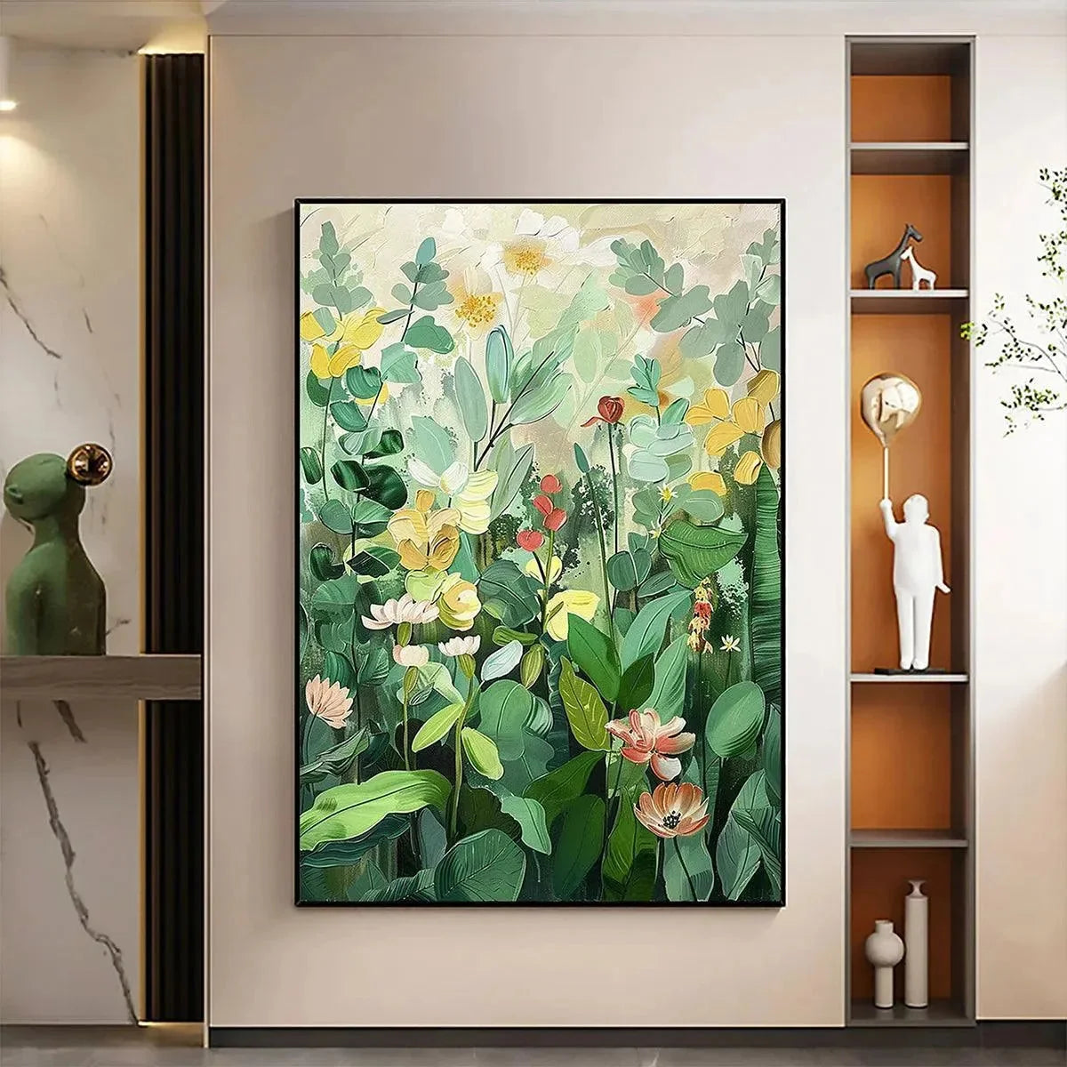 BOTANICAL GARDEN: Vertical Green and Yellow Floral Painting for Living Room | gold frame stretched on neutral wall