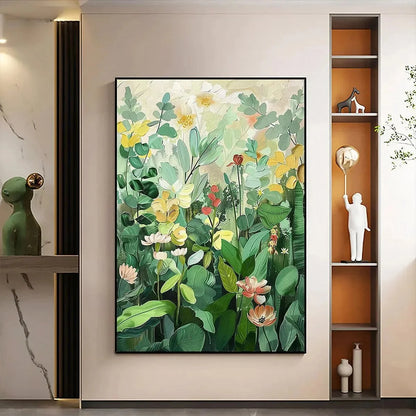 BOTANICAL GARDEN: Vertical Green and Yellow Floral Painting for Living Room | gold frame stretched on neutral wall