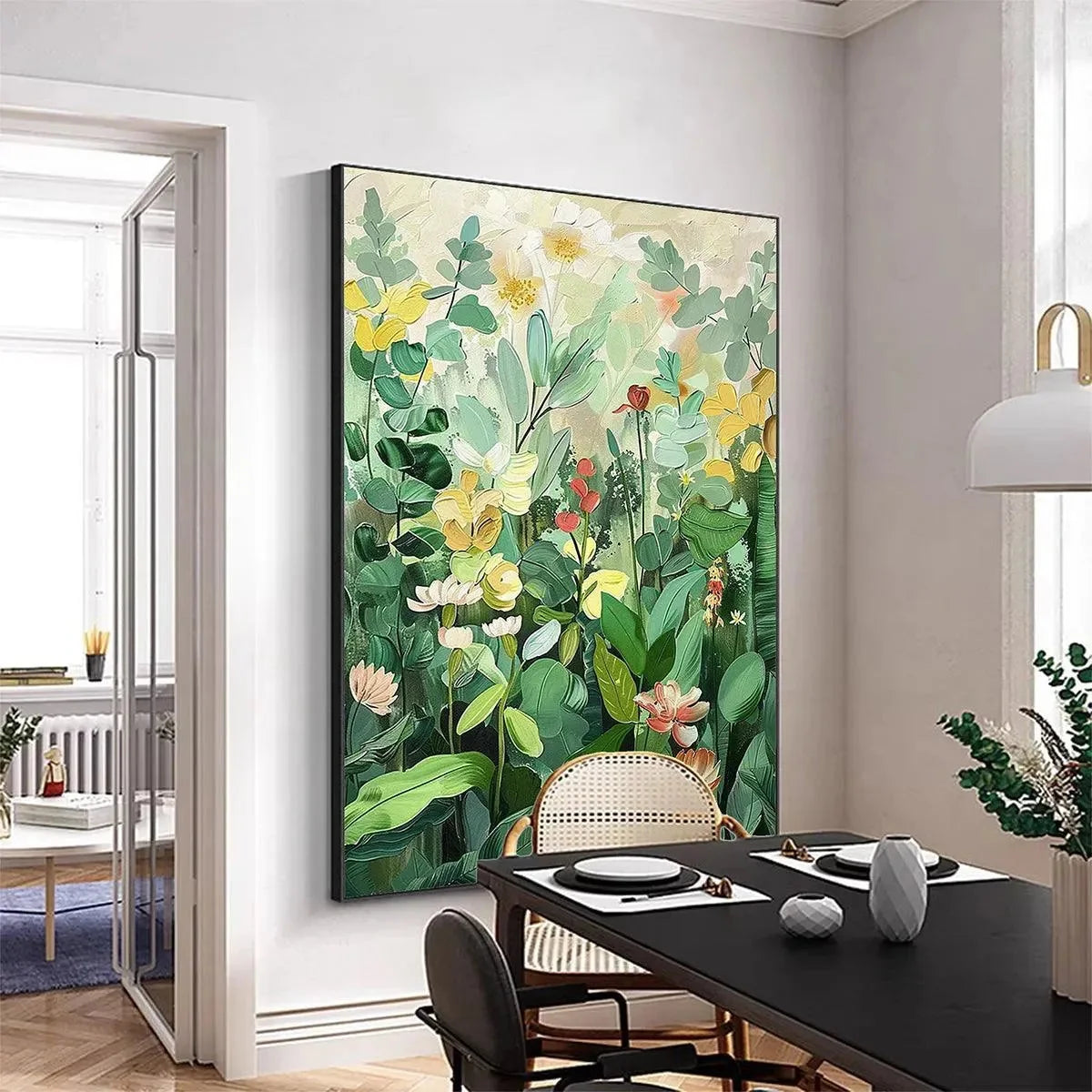 BOTANICAL GARDEN: Vertical Green and Yellow Floral Painting for Living Room | rolled canvas, ready for custom framing