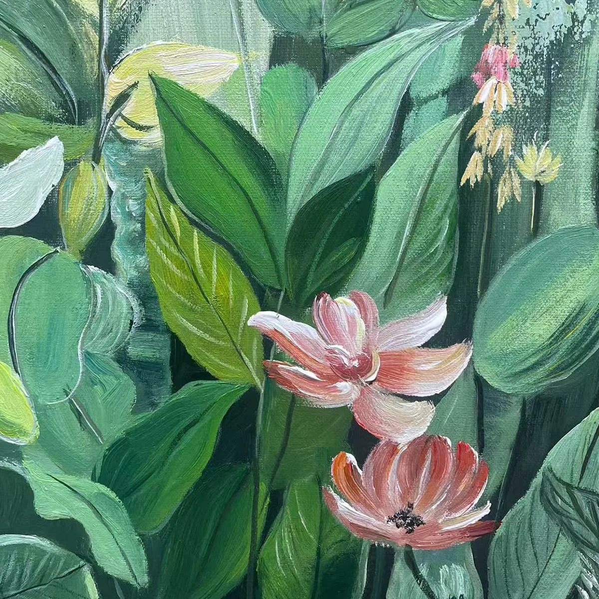 BOTANICAL GARDEN: Vertical Green and Yellow Floral Painting for Living Room | black frame version on white wall