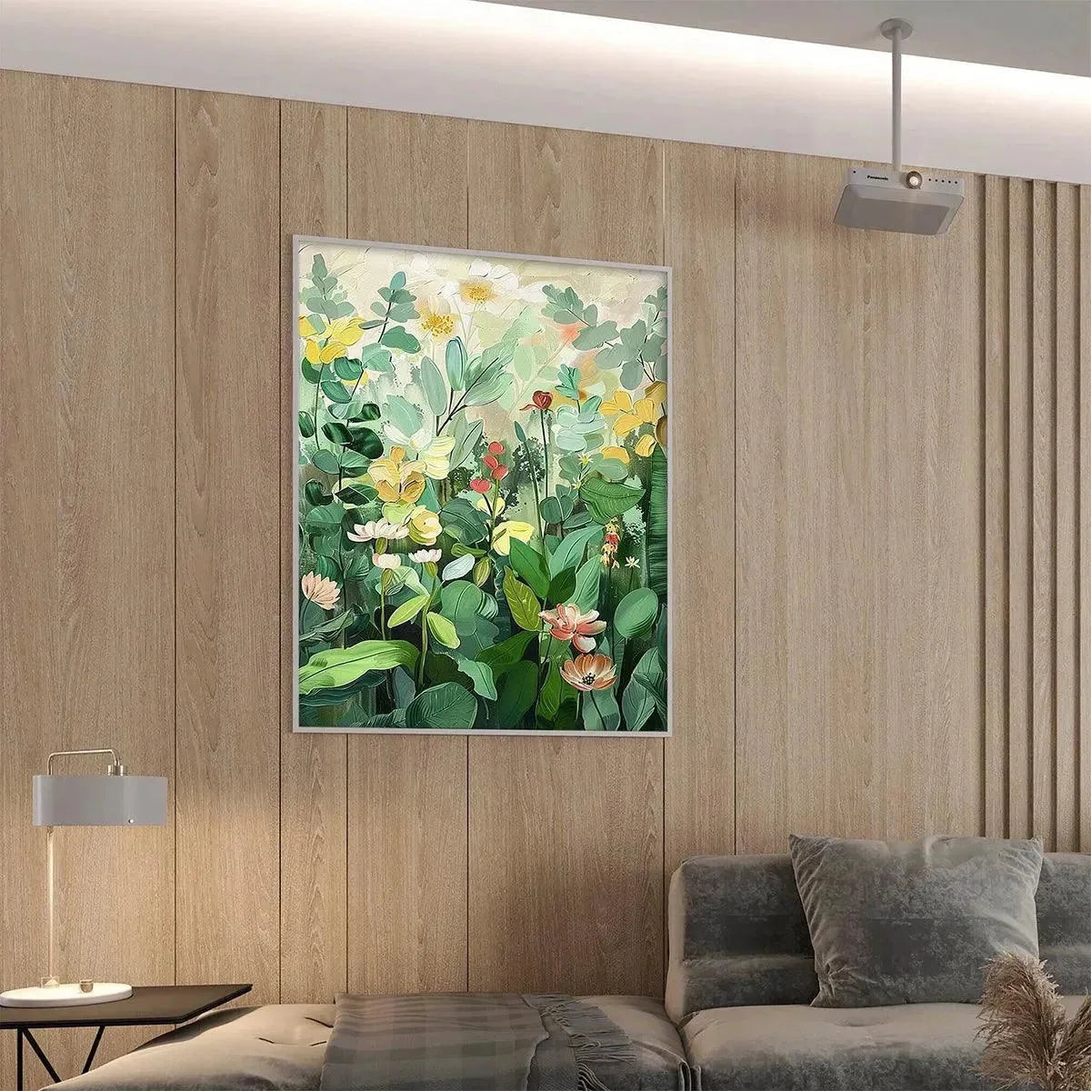 BOTANICAL GARDEN: Vertical Green and Yellow Floral Painting for Living Room | Abstract mood, soft natural light studio shot