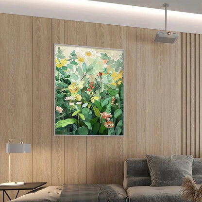 BOTANICAL GARDEN: Vertical Green and Yellow Floral Painting for Living Room | Abstract mood, soft natural light studio shot